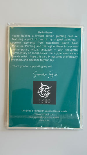 The back of a Sumaira Tazeen greeting card showing a teal background with a personal artist statement, signature Urdu logo, and the ST Studio brand details.