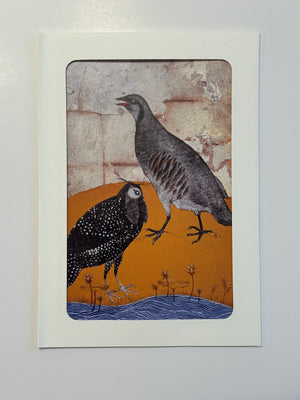 Original art greeting cards featuring the Chakor bird fauna theme by Sumaira Tazeen, showcasing two stylized birds in a Mughal-inspired miniature painting style against an earthy gold and textured background.
