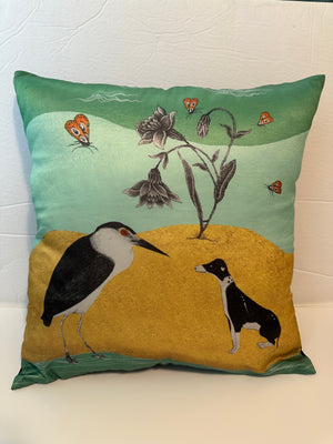 Decorative 18x18 cushion cover featuring high-quality polyester print of a heron and botanical motifs inspired by Mughal miniature painting.