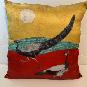 An 18x18 peacock motif Mughal art cushion cover by Sumaira Tazeen, showcasing contemporary miniature art style on high-quality poly silk fabric. 
