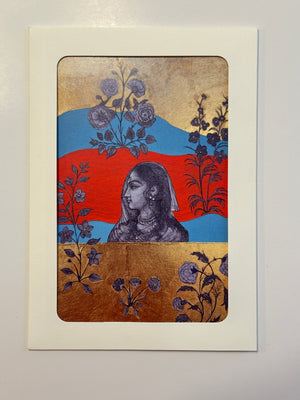 Original art greeting card featuring a South Asian inspired miniature painting of a veiled woman with gold and floral details.