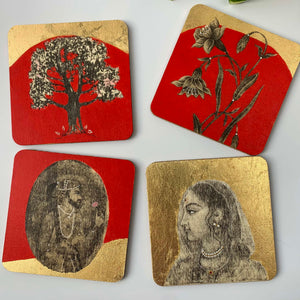 Four aesthetic square coasters for chai and coffee, hand-painted by artist Sumaira Tazeen with intricate South Asian royal motifs and gold leaf accents.