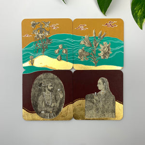 A set of 4 hand-painted coasters featuring the Lets Meet by the Flowers motif with botanicals, regal figures, and gold leaf accents on burgundy and teal backgrounds.