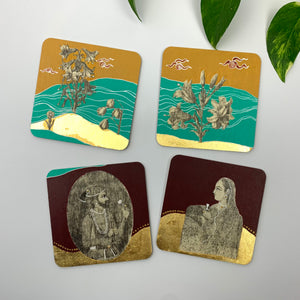 Four hand-painted coasters arranged on a white surface, featuring two designs with floral motifs and two with regal figures in rich burgundy and teal tones.