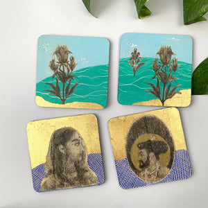 A set of hand-painted coasters showcasing Mughal miniature art. The top sections display dark botanical silhouettes against teal and gold landscapes, while the bottom sections feature detailed side-profile portraits of a royal Mughal lady and man set against textured gold leaf and purple geometric patterns.