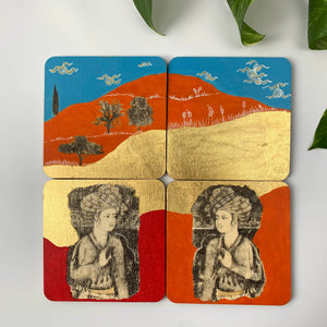 Four square coasters arranged in a grid, showcasing two Persian Prince figures and two landscape paintings with gold leaf accents.